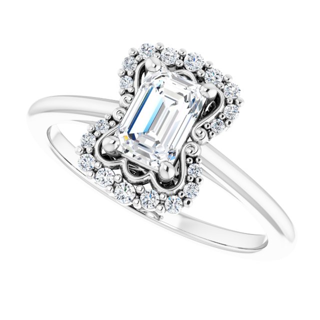 Scalloped halo diamond engagement ring in 14K gold, diamond center, showing scalloped detail/2-CT variant--.5CT variant--Emerald variant--.5CT variant--14K-white-gold