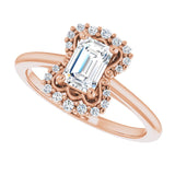 Scalloped halo diamond engagement ring in 14K gold, diamond center, in packaging/2-CT variant--.5CT variant--Emerald variant--.5CT variant--14K-rose-gold