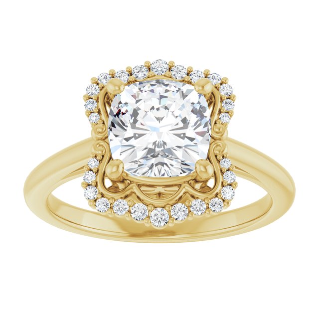 14K yellow gold 2CT Cushion Scalloped Halo Diamond Engagement Ring/2-CT variant--.5CT variant--Round variant--.5CT variant--14K-yellow-gold