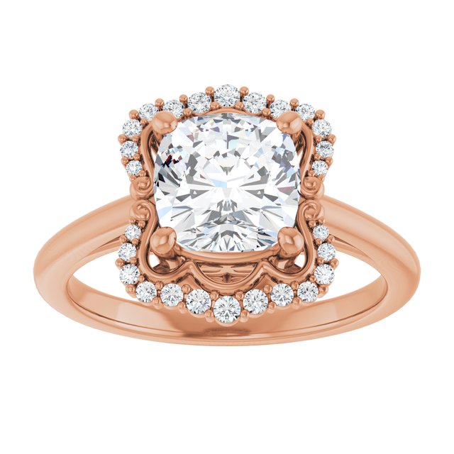14K rose gold 2CT Cushion Scalloped Halo Diamond Engagement Ring/2-CT variant--.5CT variant--Round variant--.5CT variant--14K-rose-gold