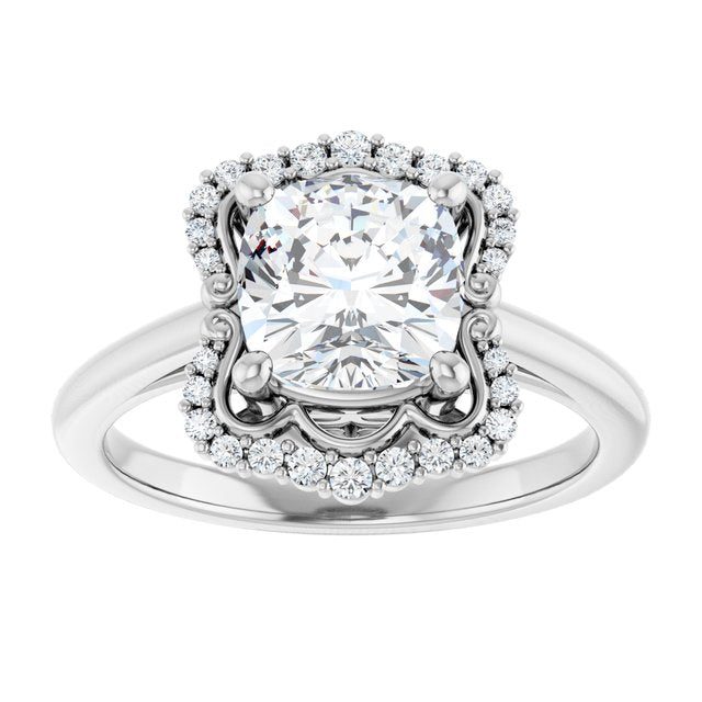 14K white gold 2CT Cushion Scalloped Halo Diamond Engagement Ring/2-CT variant--.5CT variant--Round variant--.5CT variant--14K-white-gold
