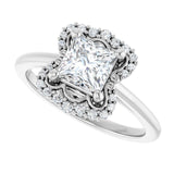 Scalloped halo diamond engagement ring in 14K gold, diamond center, on hand variant--Square variant--1CT variant--14K-white-gold
