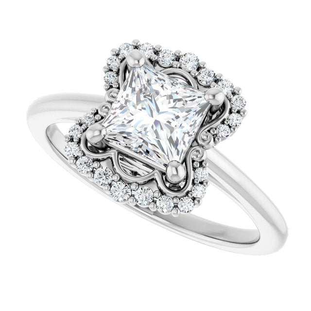 Scalloped halo diamond engagement ring in 14K gold, diamond center, on hand variant--Square variant--1CT variant--14K-white-gold