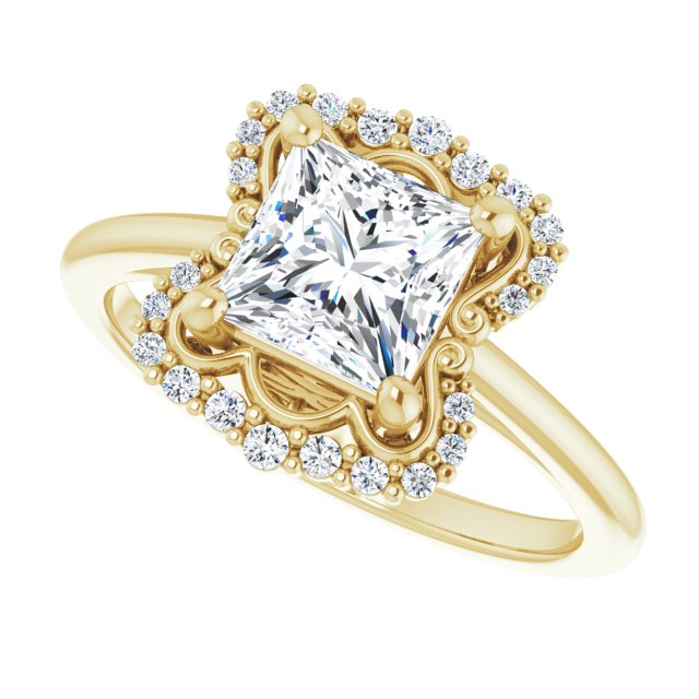 Scalloped halo diamond engagement ring in 14K gold, diamond center, in packaging variant--Square variant--2CT variant--14K-yellow-gold