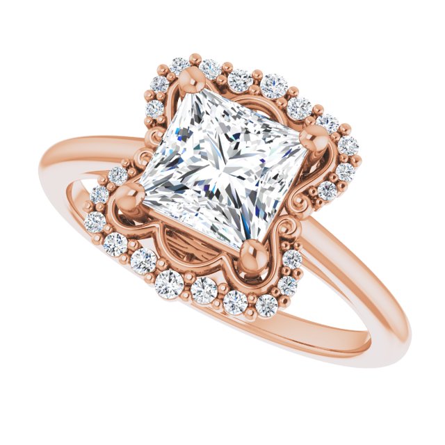 Scalloped halo diamond engagement ring in 14K gold, diamond center, in packaging variant--Square variant--2CT variant--14K-rose-gold