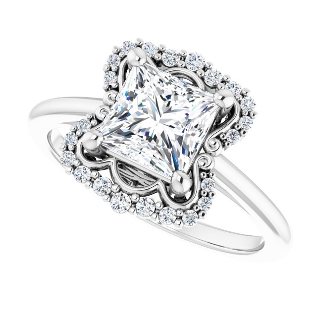 Scalloped halo diamond engagement ring in 14K gold, diamond center, three-quarter angle variant--Square variant--2CT variant--14K-white-gold