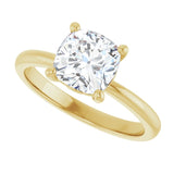 Scroll solitaire engagement ring in 14K gold, diamond center, overhead view variant--Cushion variant--2CT variant--14K-yellow-gold