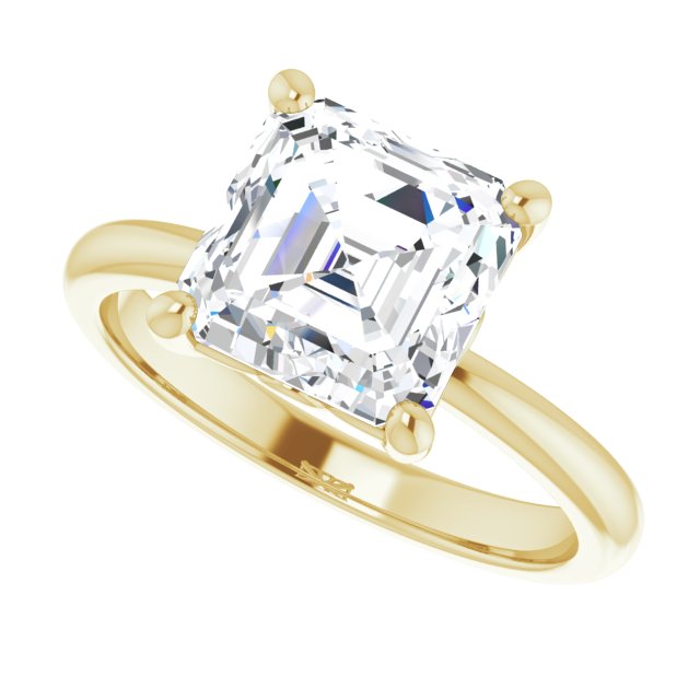 Scroll solitaire engagement ring in 14K gold, diamond center, on hand variant--Asscher variant--3CT variant--14K-yellow-gold