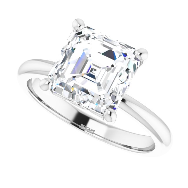 Scroll solitaire engagement ring in 14K gold, diamond center, overhead view variant--Asscher variant--3CT variant--14K-white-gold