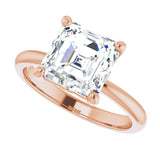 Scroll solitaire engagement ring in 14K gold, diamond center, profile angle variant--Asscher variant--3CT variant--14K-rose-gold