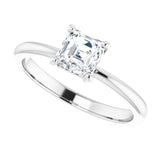 Scroll solitaire engagement ring in 14K gold, diamond center, on hand/2-CT variant--.5CT variant--Asscher variant--.5CT variant--14K-white-gold