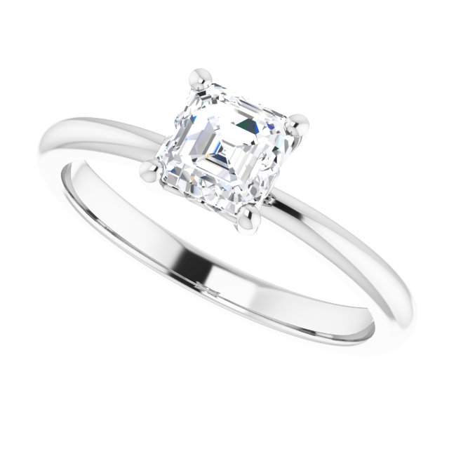 Scroll solitaire engagement ring in 14K gold, diamond center, on hand/2-CT variant--.5CT variant--Asscher variant--.5CT variant--14K-white-gold