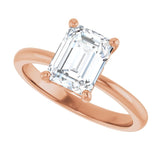 Scroll solitaire engagement ring in 14K gold, diamond center, three-quarter angle variant--Emerald variant--2CT variant--14K-rose-gold