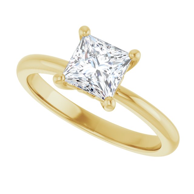 Scroll solitaire engagement ring in 14K gold, diamond center, three-quarter angle variant--Square variant--1CT variant--14K-yellow-gold