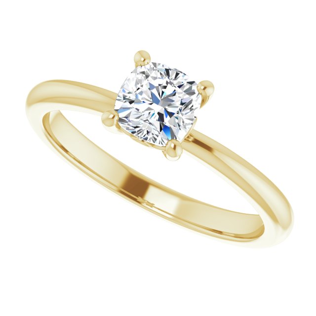 Scroll solitaire engagement ring in 14K gold, diamond center, three-quarter angle/2-CT variant--.5CT variant--Cushion variant--.5CT variant--14K-yellow-gold