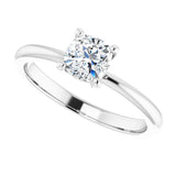 Scroll solitaire engagement ring in 14K gold, diamond center, on hand/2-CT variant--.5CT variant--Cushion variant--.5CT variant--14K-white-gold