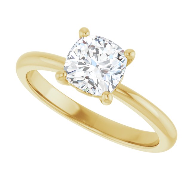 Scroll solitaire engagement ring in 14K gold, diamond center, profile angle variant--Cushion variant--1CT variant--14K-yellow-gold