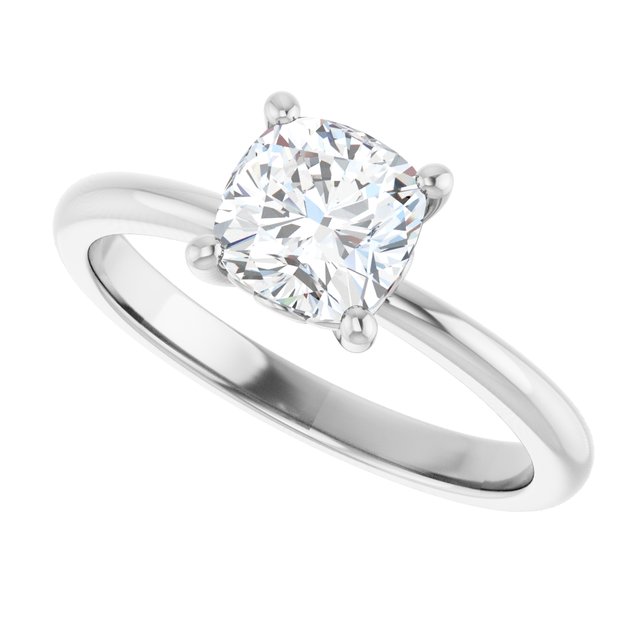 Scroll solitaire engagement ring in 14K gold, diamond center, three-quarter angle variant--Cushion variant--1CT variant--14K-white-gold