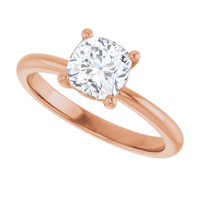 Scroll solitaire engagement ring in 14K gold, diamond center, on hand variant--Cushion variant--1CT variant--14K-rose-gold