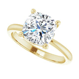 Scroll solitaire engagement ring in 14K gold, diamond center, on hand variant--Cushion variant--3CT variant--14K-yellow-gold