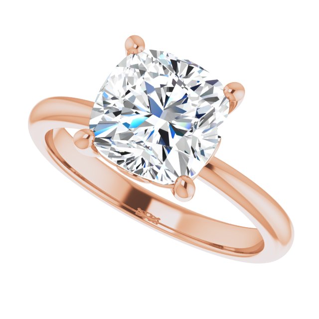 Scroll solitaire engagement ring in 14K gold, diamond center, profile angle variant--Cushion variant--3CT variant--14K-rose-gold