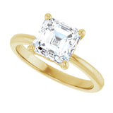 Scroll solitaire engagement ring in 14K gold, diamond center, overhead view variant--Asscher variant--2CT variant--14K-yellow-gold