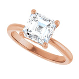Scroll solitaire engagement ring in 14K gold, diamond center, three-quarter angle variant--Asscher variant--2CT variant--14K-rose-gold