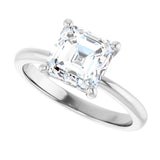 Scroll solitaire engagement ring in 14K gold, diamond center, profile angle variant--Asscher variant--2CT variant--14K-white-gold