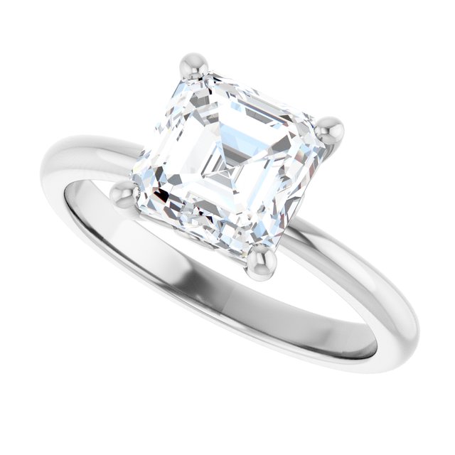 Scroll solitaire engagement ring in 14K gold, diamond center, profile angle variant--Asscher variant--2CT variant--14K-white-gold