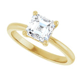 Scroll solitaire engagement ring in 14K gold, diamond center, profile angle variant--Asscher variant--1CT variant--14K-yellow-gold