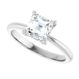 Scroll solitaire engagement ring in 14K gold, diamond center, three-quarter angle variant--Asscher variant--1CT variant--14K-white-gold