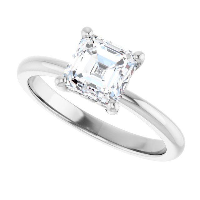 Scroll solitaire engagement ring in 14K gold, diamond center, three-quarter angle variant--Asscher variant--1CT variant--14K-white-gold