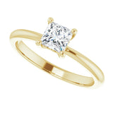 Scroll solitaire engagement ring in 14K gold, diamond center, on hand/2-CT variant--.5CT variant--Square variant--.5CT variant--14K-yellow-gold