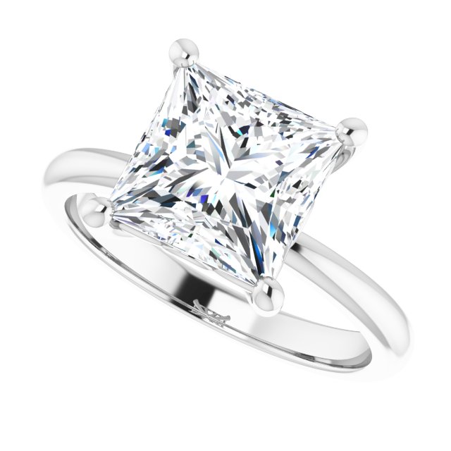 Scroll solitaire engagement ring in 14K gold, diamond center, profile angle variant--Square variant--3CT variant--14K-white-gold