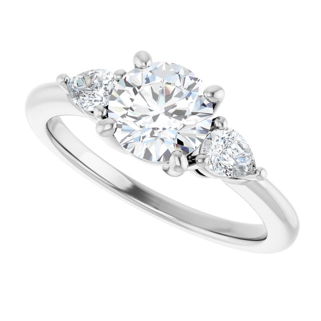 Three-stone engagement ring with pear side stones in 14K gold, diamond center, three-quarter angle variant--Round variant--1CT variant--14K-white-gold