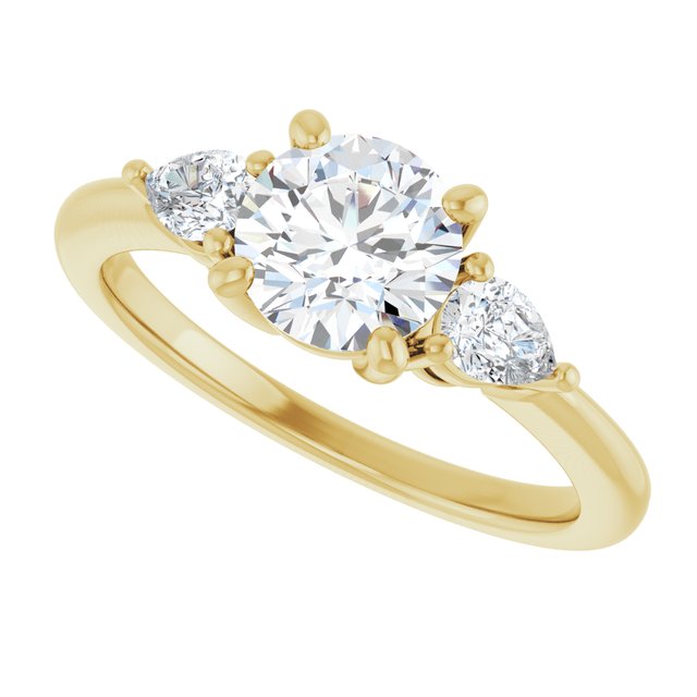 Three-stone engagement ring with pear side stones in 14K gold, diamond center, on hand variant--Round variant--1CT variant--14K-yellow-gold