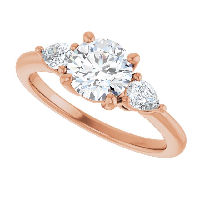 Three-stone engagement ring with pear side stones in 14K gold, diamond center, overhead variant--Round variant--1CT variant--14K-rose-gold