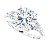 Three-stone engagement ring with pear side stones in 14K gold, diamond center, side profile variant--Round variant--4CT variant--14K-white-gold
