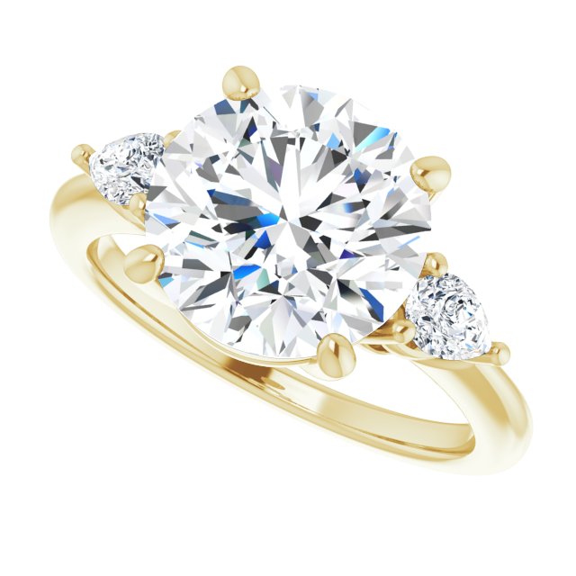 Three-stone engagement ring with pear side stones in 14K gold, diamond center, on hand variant--Round variant--4CT variant--14K-yellow-gold