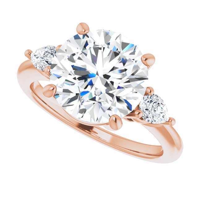 Three-stone engagement ring with pear side stones in 14K gold, diamond center, showing setting detail variant--Round variant--4CT variant--14K-rose-gold