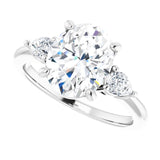Three-stone engagement ring with pear side stones in 14K gold, diamond center, overhead variant--Oval variant--3CT variant--14K-white-gold