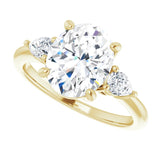 Three-stone engagement ring with pear side stones in 14K gold, diamond center, showing setting detail variant--Oval variant--3CT variant--14K-yellow-gold