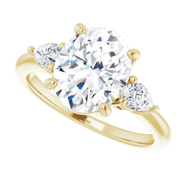 Three-stone engagement ring with pear side stones in 14K gold, diamond center, showing setting detail variant--Oval variant--3CT variant--14K-yellow-gold