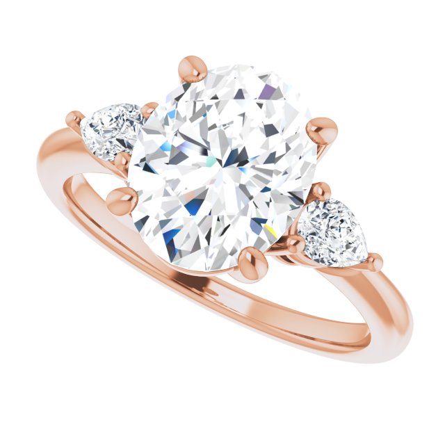 Three-stone engagement ring with pear side stones in 14K gold, diamond center, three-quarter angle variant--Oval variant--3CT variant--14K-rose-gold