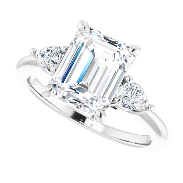 Three-stone engagement ring with pear side stones in 14K gold, diamond center, overhead variant--Emerald variant--3CT variant--14K-white-gold