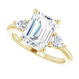 Three-stone engagement ring with pear side stones in 14K gold, diamond center, showing setting detail variant--Emerald variant--3CT variant--14K-yellow-gold