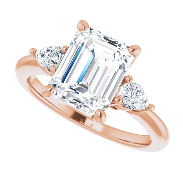 Three-stone engagement ring with pear side stones in 14K gold, diamond center, three-quarter angle variant--Emerald variant--3CT variant--14K-rose-gold