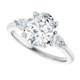 Three-stone engagement ring with pear side stones in 14K gold, diamond center, showing setting detail variant--Oval variant--2CT variant--14K-white-gold