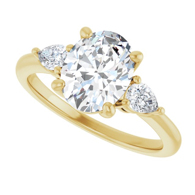 Three-stone engagement ring with pear side stones in 14K gold, diamond center, three-quarter angle variant--Oval variant--2CT variant--14K-yellow-gold