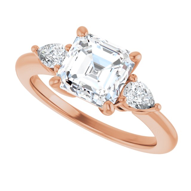 Three-stone engagement ring with pear side stones in 14K gold, diamond center, on hand variant--Asscher variant--2CT variant--14K-rose-gold